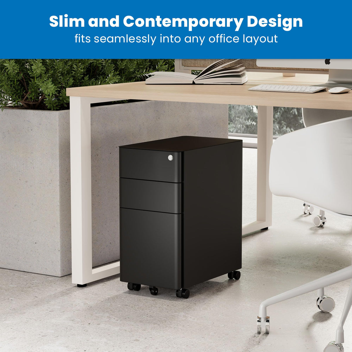 Black 3 Drawer Rolling File Cabinet with Lock M537