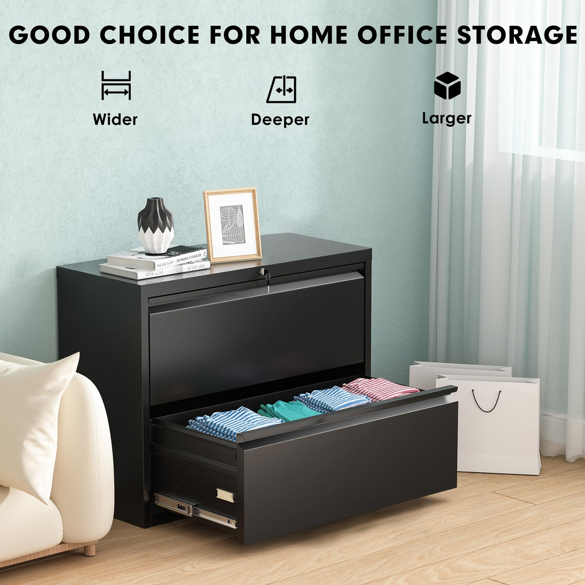 Black 2 Drawer Metal File Cabinet with Lock X66749