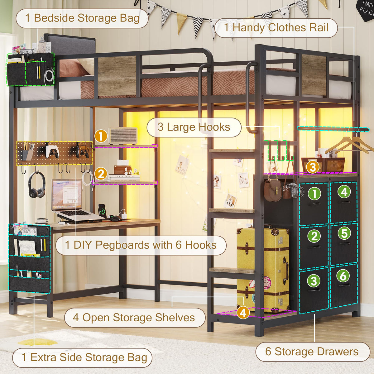 Twin Loft Bed with Desk and 6 Storage Drawers Q819292
