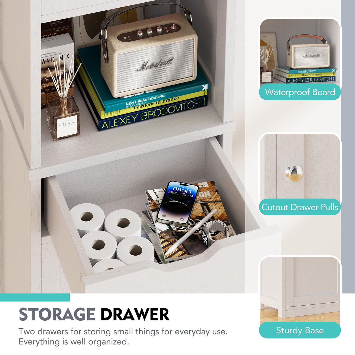 Tall Narrow Bathroom Storage Cabinet with Adjustable Shelves, White E1333