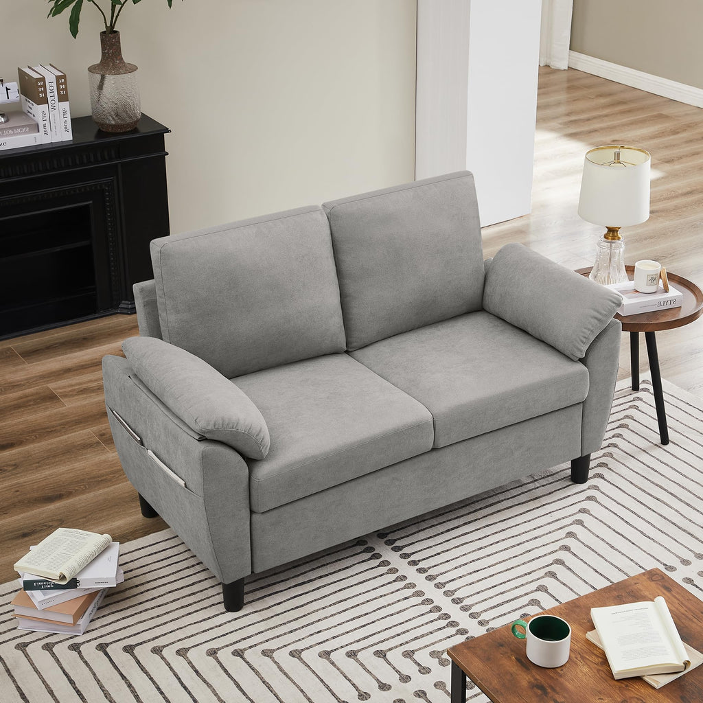 Light Grey Linen Loveseat Sofa with Side Pocket L99932