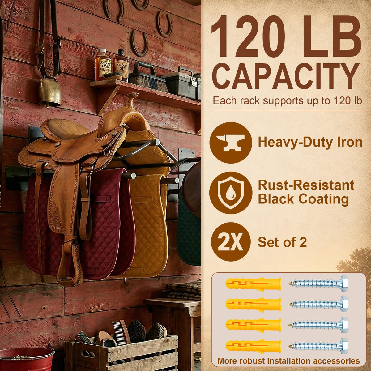 Wall Mounted Saddle Rack Set of 2, 120-lb Capacity Heavy Duty Iron Saddle Stand Z626807