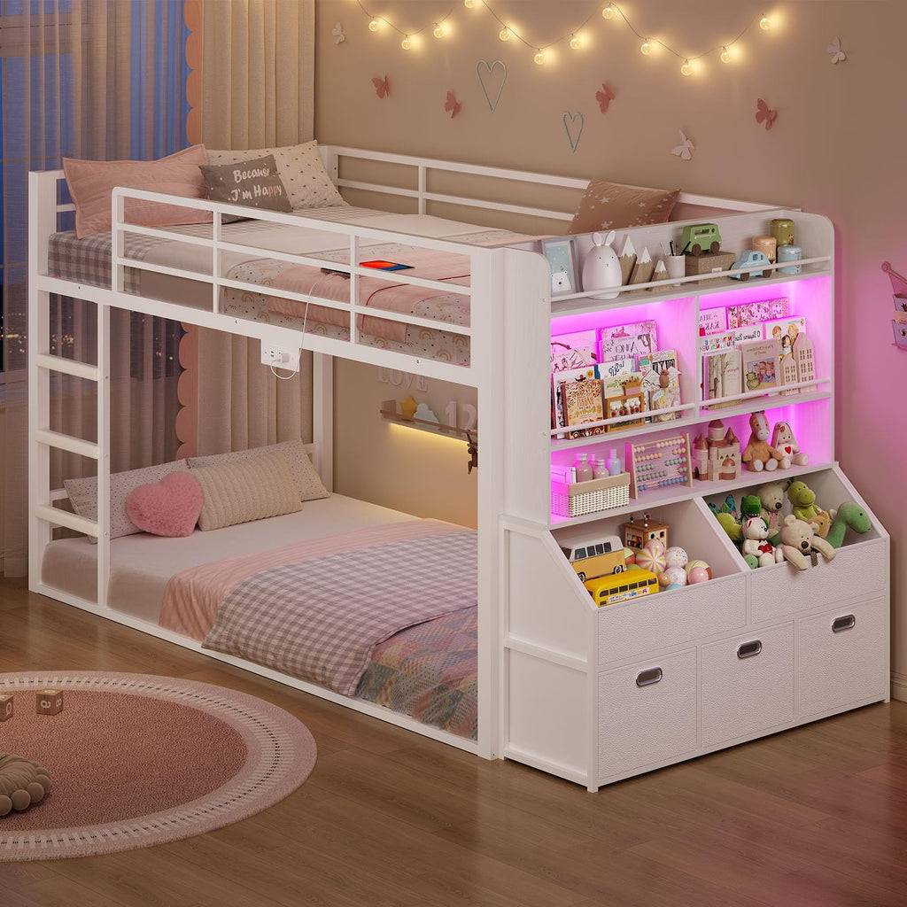 Twin Over Twin Bunk Bed with Bookshelf and Drawers E5949