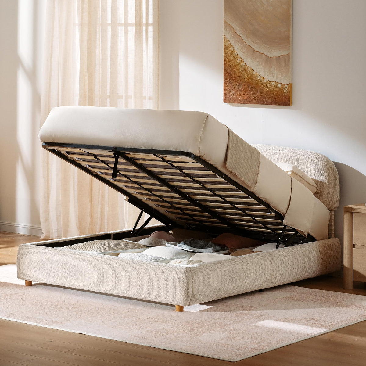 Queen Lift Up Storage Bed Frame with Adjustable Headboard, Beige P457
