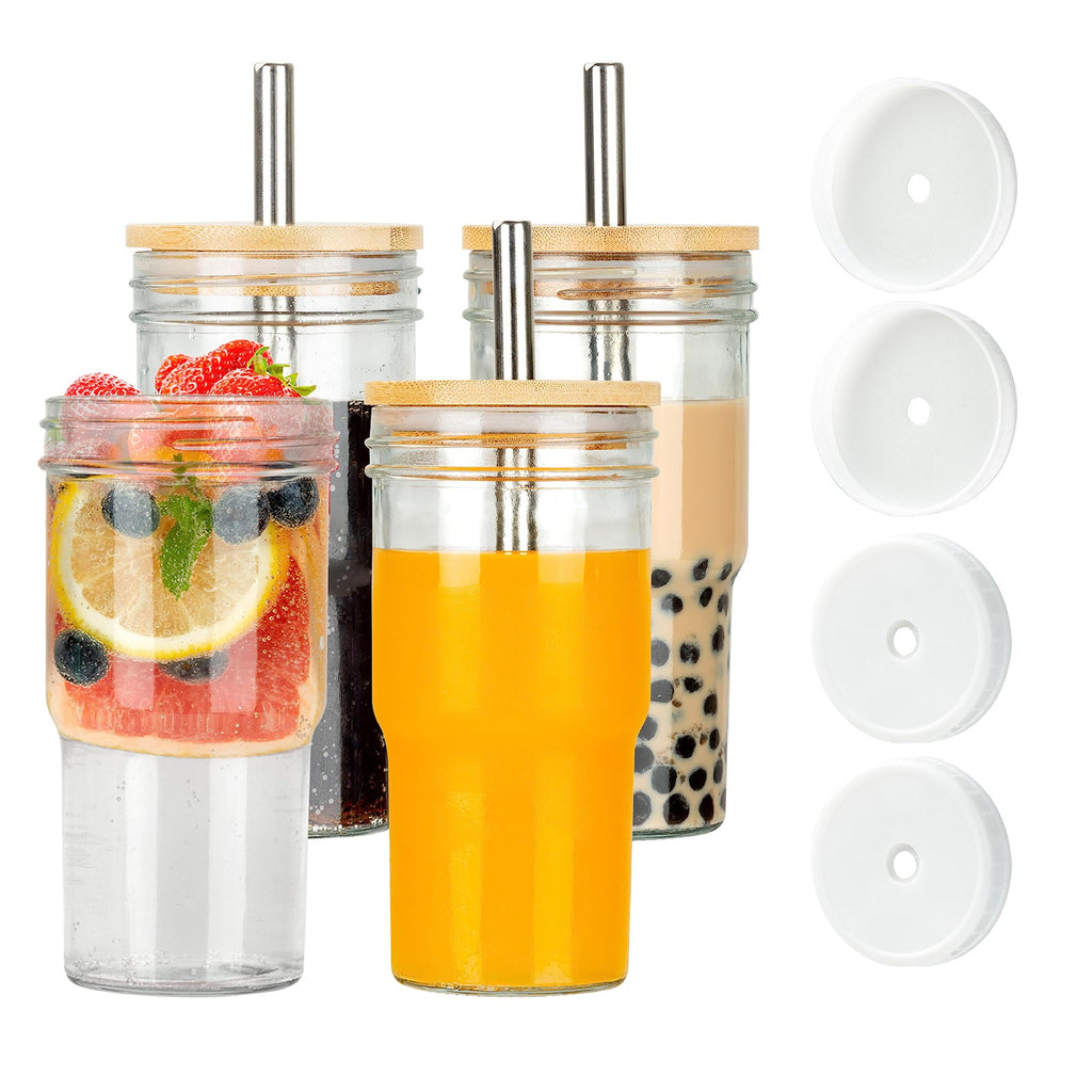 Glass Cups Set of 4 22oz Mason Jar Drinking Glasses with Bamboo Lids & Straws M985998
