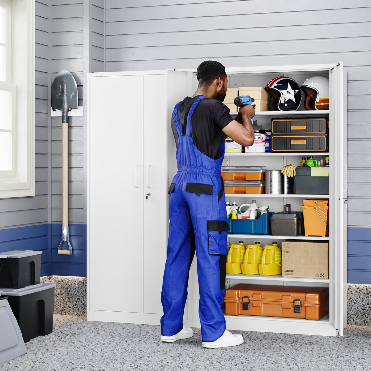 White Metal Storage Cabinet with 2 Doors and 5 Adjustable Shelves I49957
