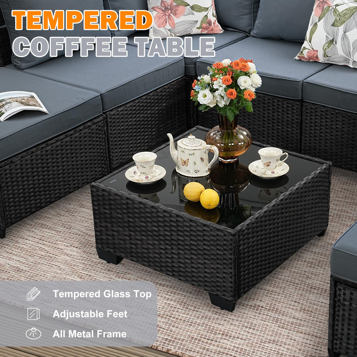 5 Pieces Wicker PE Rattan Patio Furniture Set with Cushion & Coffee Table, Grey L24854