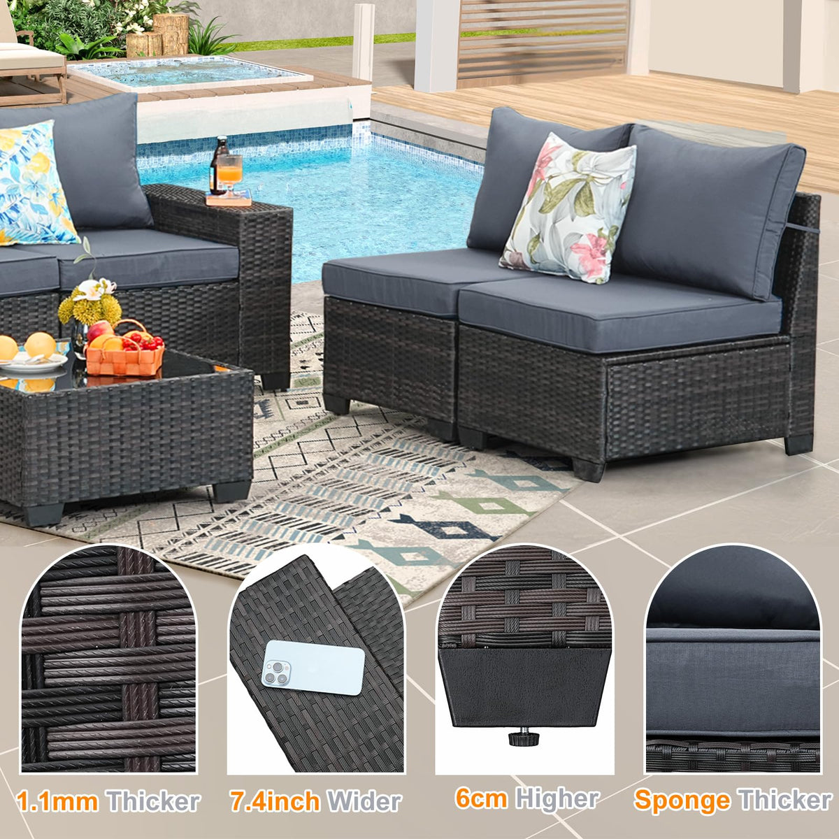 5 Pieces Wicker PE Rattan Patio Furniture Set with Cushion & Coffee Table, Grey L24854
