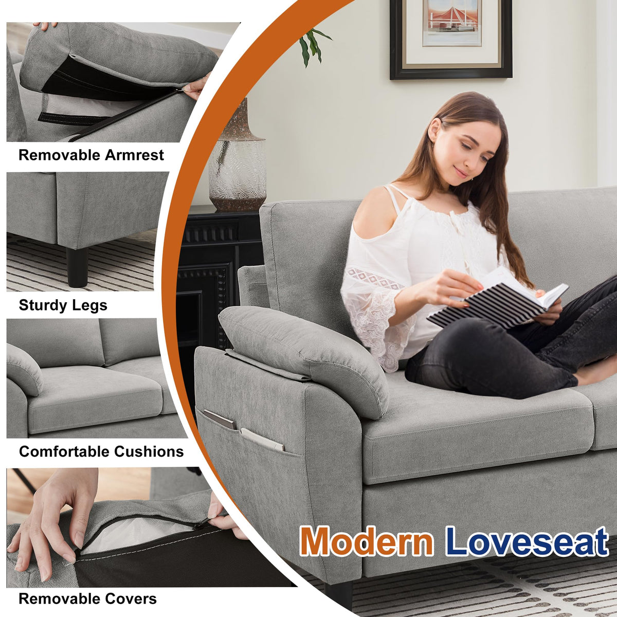 Light Grey Linen Loveseat Sofa with Side Pocket L99932