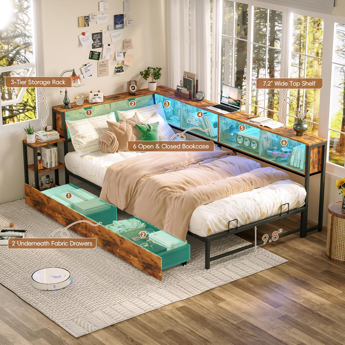 Brown Twin Corner Bed Frame with Storage Bookcase and Bedside Rack A9221