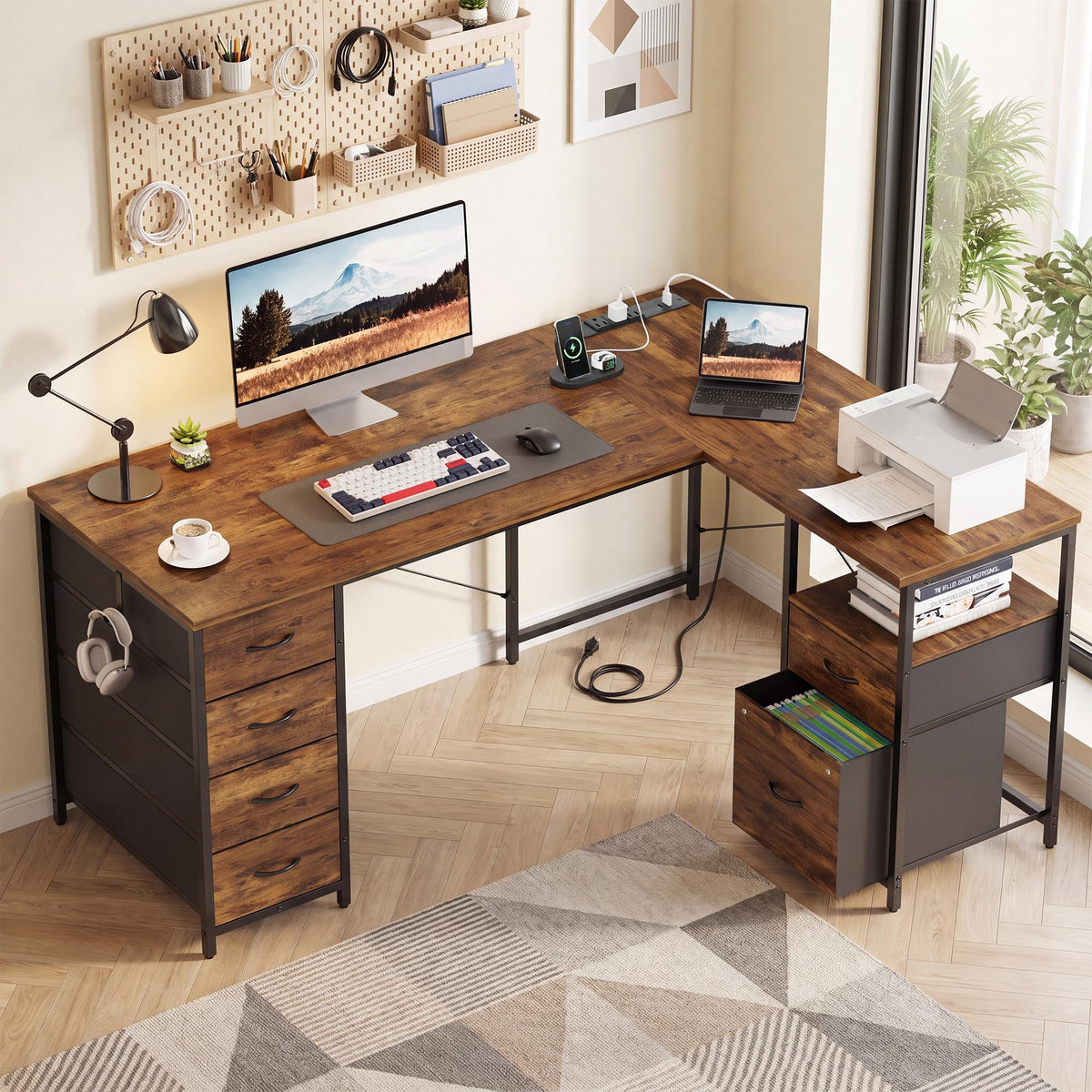 55 Inch L Shaped Office Desk with 6 Drawers Z320752
