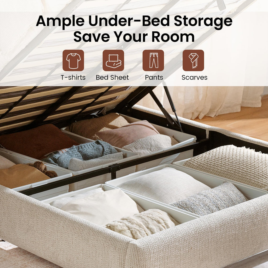 Queen Lift Up Storage Bed Frame with Adjustable Headboard, Beige P457