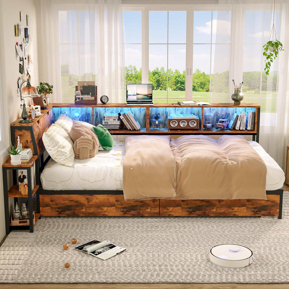 Brown Twin Corner Bed Frame with Storage Bookcase and Bedside Rack A9221