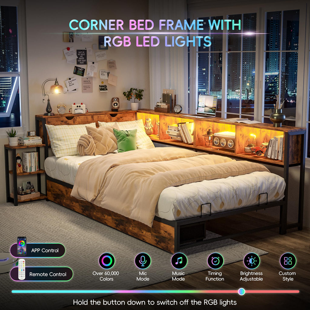 Brown Twin Corner Bed Frame with Storage Bookcase and Bedside Rack A9221