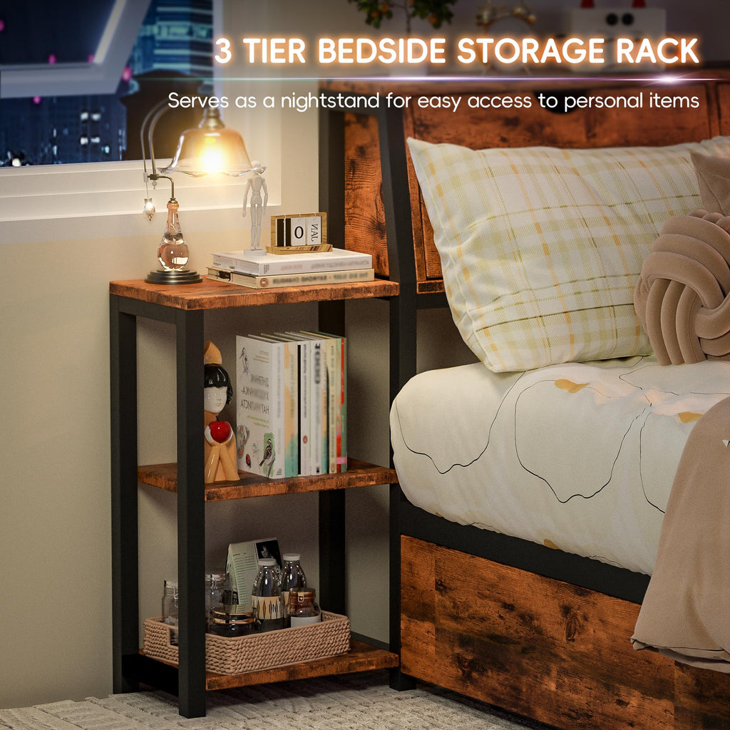 Brown Twin Corner Bed Frame with Storage Bookcase and Bedside Rack A9221
