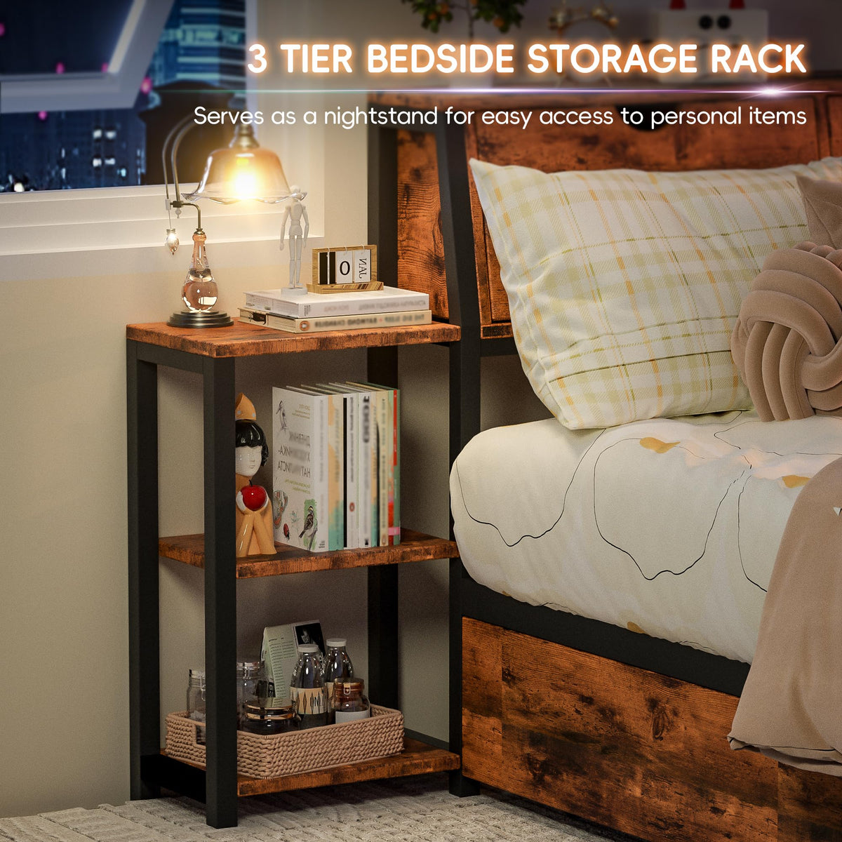 Brown Twin Corner Bed Frame with Storage Bookcase and Bedside Rack A9221
